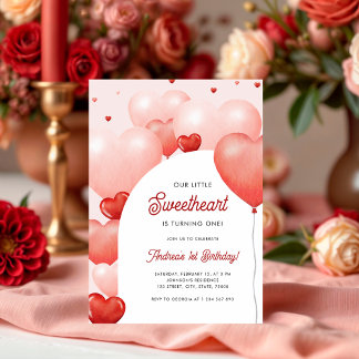 Ein kleiner süßer Rosa Roter Balloons 1. Geburtsta Einladung