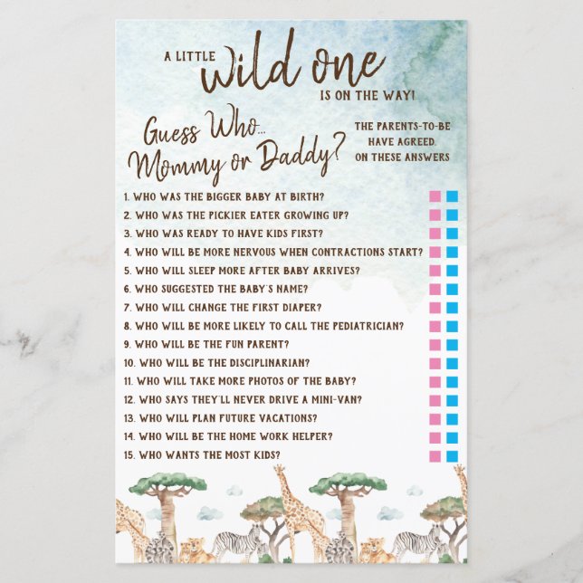 Ein kleiner Wilder schätzt, wer? Baby Shower Game (Vorderseite)