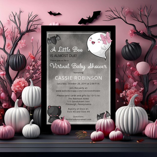 Ein kleines Boo Ghost Girl Virtual Baby Dusche Inv Einladung (Cute "A Little Boo" "Virtual Baby Shower" Girl Coquette Ghost Kawaii Baby Shower Invitation)