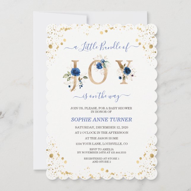 Ein kleines Bündel von Joy Blue Floral Boy Baby Du Einladung (Vorderseite)