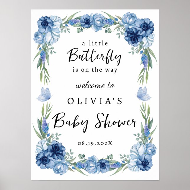 Ein kleines Butterfly Blue Floral Rustikales Begrü Poster (Vorne)