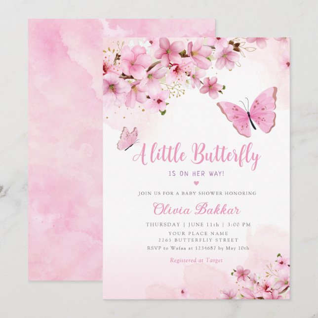 Ein kleines Butterfly Pink Floral Girl Baby Dusche Einladung (Vorne/Hinten)