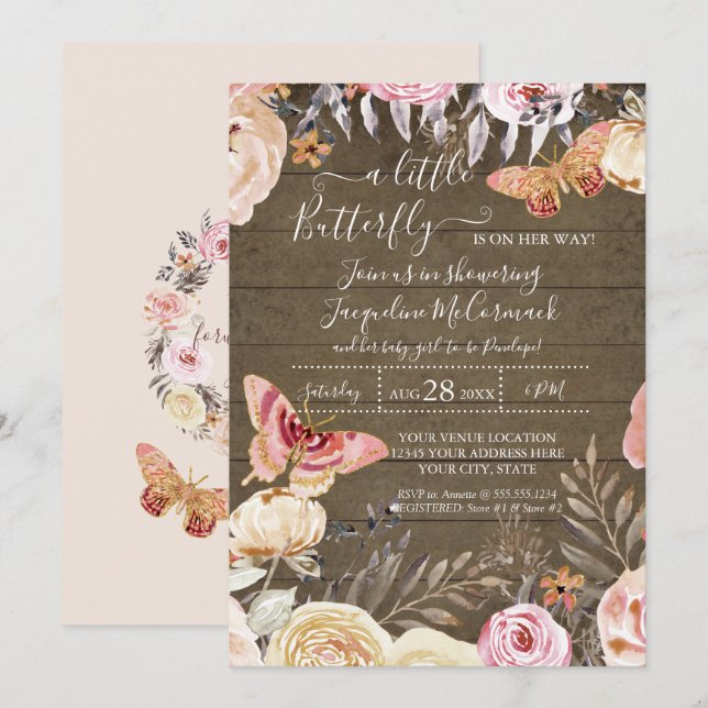 Ein kleines Butterfly-Rustikales Aquarell-Baby Einladung (Vorne/Hinten)