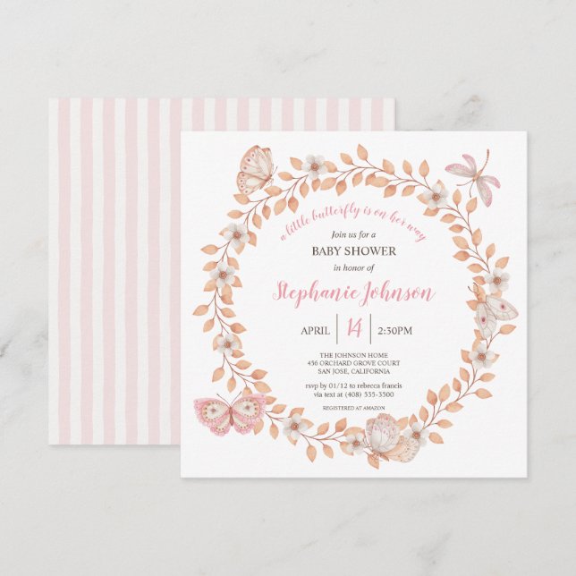 Ein kleines Butterfly Soft Boho Peach Baby Dusche Einladung (Vorne/Hinten)