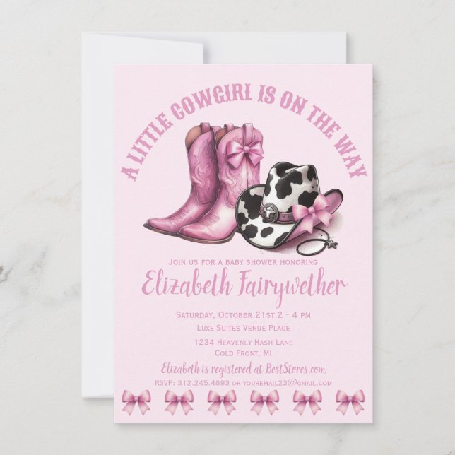 Ein kleines Cowgirl Pink Bows Baby Dusche Einladung (Vorderseite)