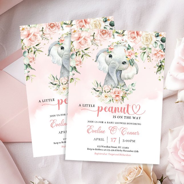 Ein kleines Erdnussbaby-Elefant errötet blumengold Einladung (A little peanut baby elephant blush floral gold invitation)