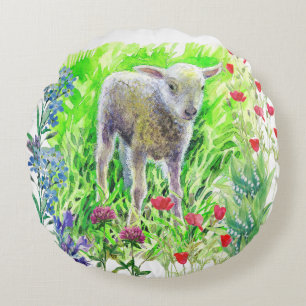 Ein kleines Lamm und Wildblumen Rundes Kissen