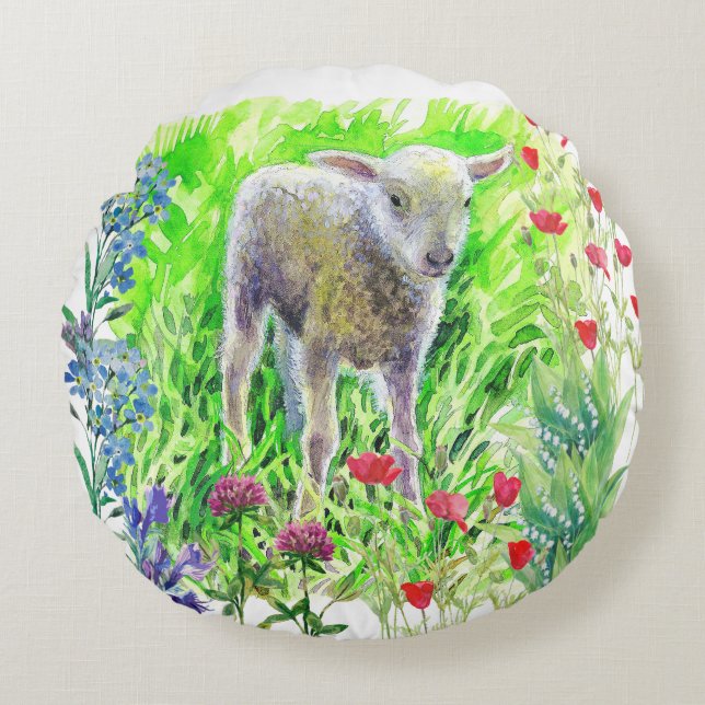 Ein kleines Lamm und Wildblumen Rundes Kissen (Vorderseite)
