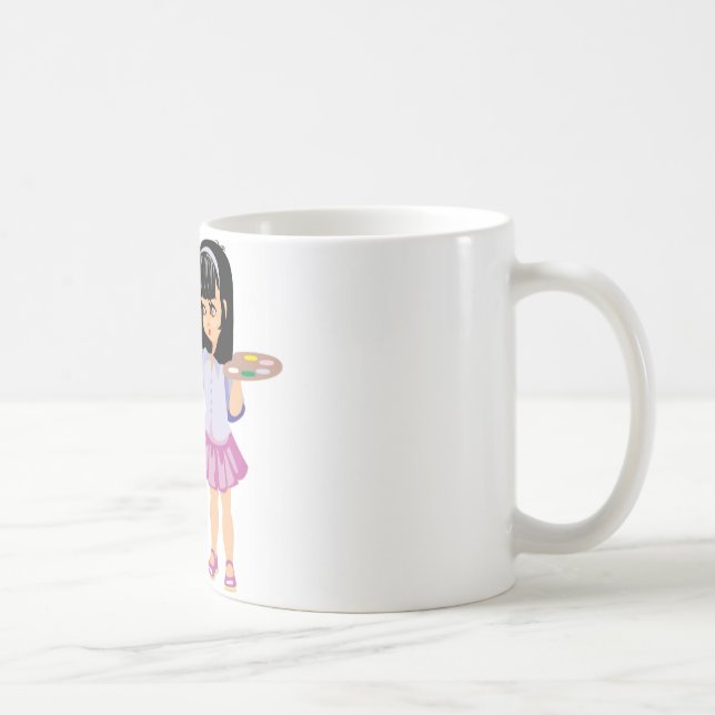 Ein kleines Mädchen mit einer Farben-Palette Kaffeetasse (Rechts)
