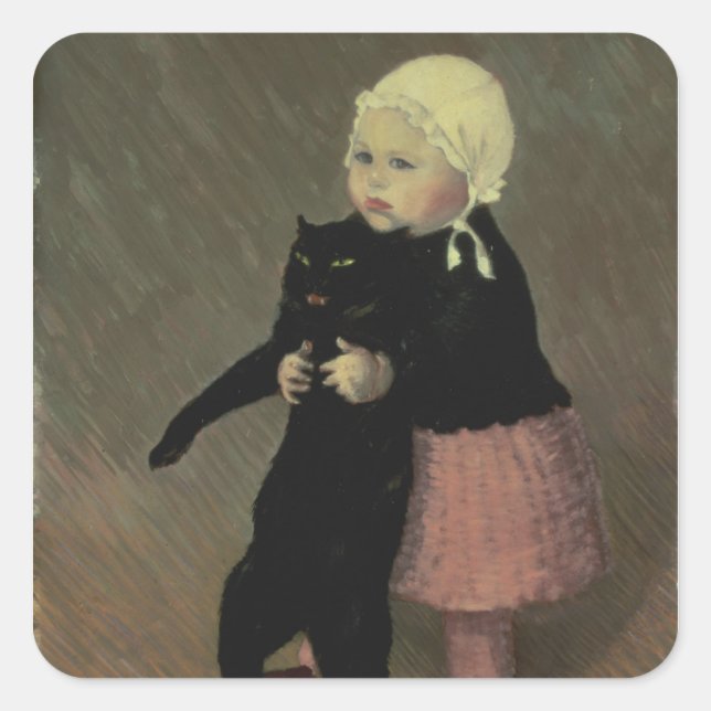 Ein kleines Mädchen mit Katze, 1889 Quadratischer Aufkleber (Vorderseite)