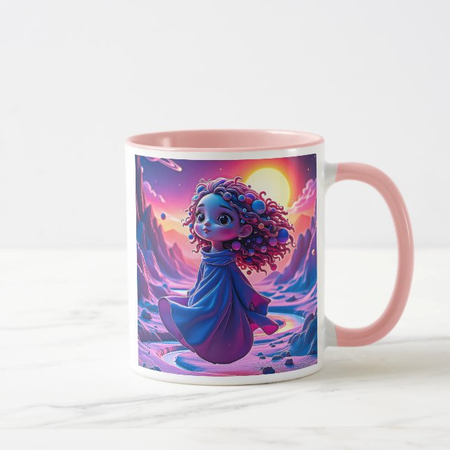 Ein kleines Mädchen schwebt im Weltraum. Tasse (Rechts)