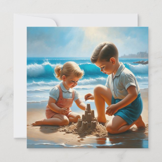 Ein kleines Mädchen und Junge Gebäude a Sandcastle (Vorderseite)