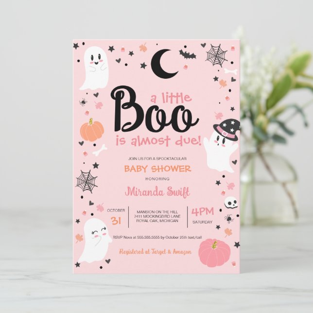 Ein kleines Niedliches Halloween Ghost Pink Babydu Einladung (Stehend Vorderseite)