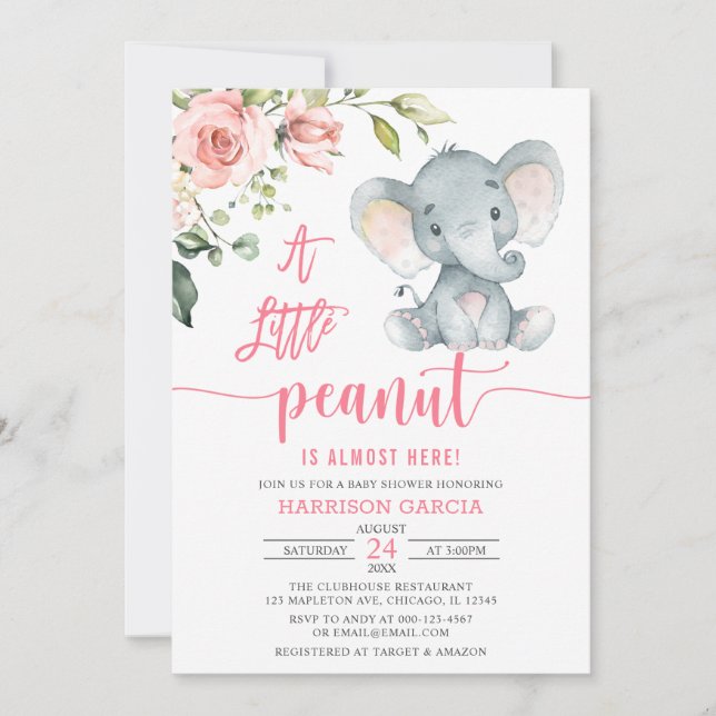 Ein kleines Peanut Baby Mädchen Elephant Baby Dusc Einladung (Vorderseite)