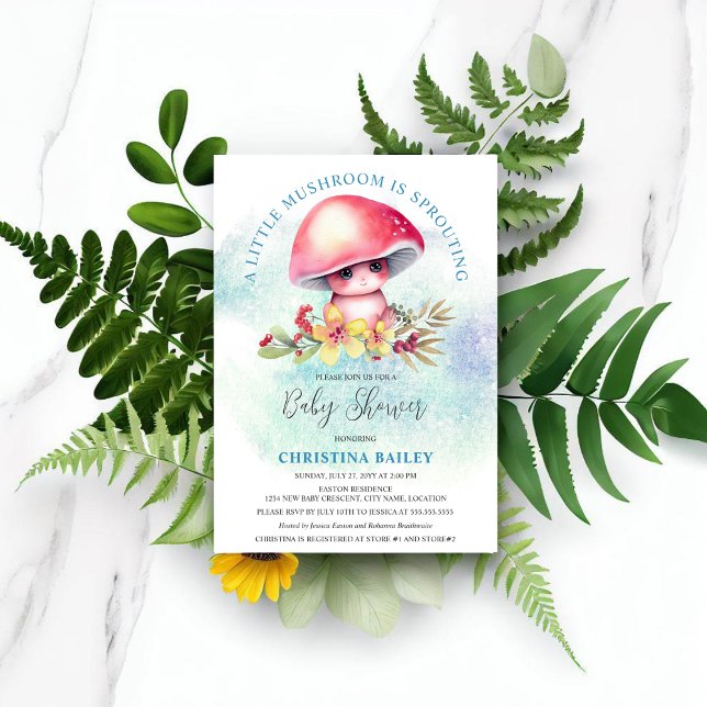 Ein kleines Pilzzimmer verschmutzt die Babydusche Einladung (Cute little watercolor mushroom sprouting baby boy shower invitation.)