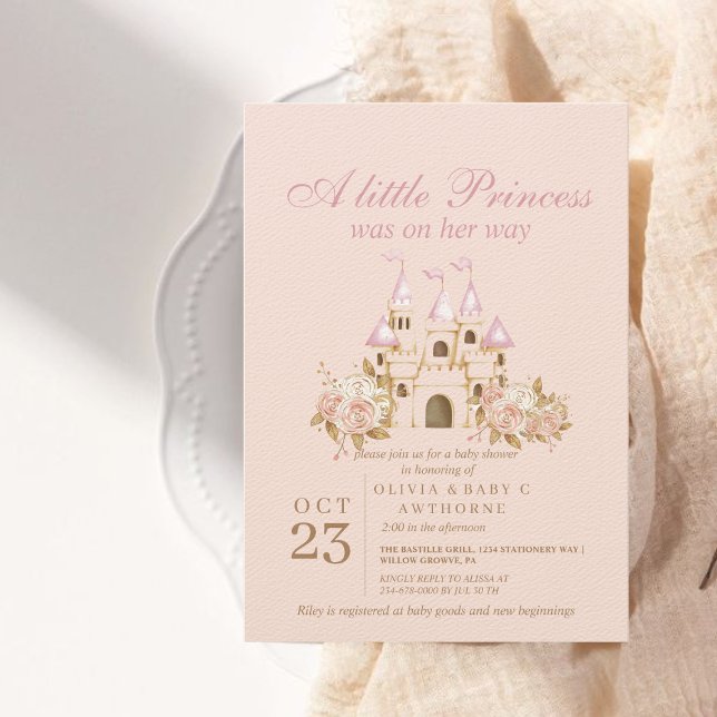 Ein kleines Princess Pink Gold Castle Baby Dusche Einladung (Von Creator hochgeladen)