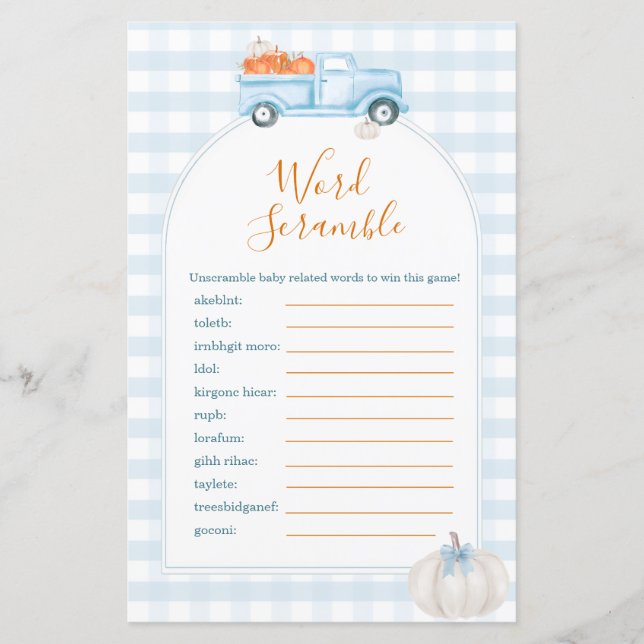 Ein kleines Pumpkin Blue Truck Word Scramble Game (Vorderseite)