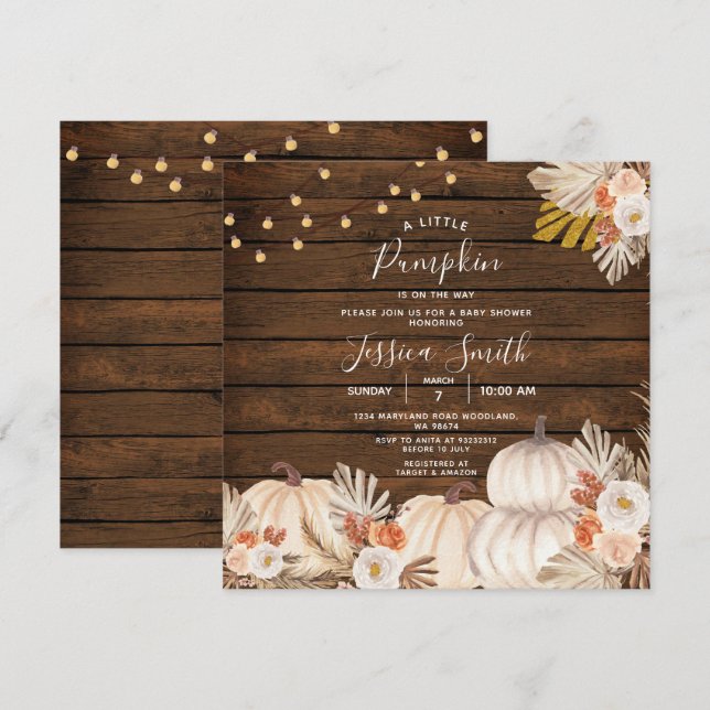 Ein kleines Pumpkin Boho Baby Dusche Wood Einladung (Vorne/Hinten)