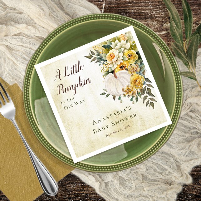 Ein kleines Pumpkin ernährt Gold Floral Baby Dusch Serviette (Boho chic elegant fall / autumn "A Little Pumpkin" gender neutral Baby Shower)