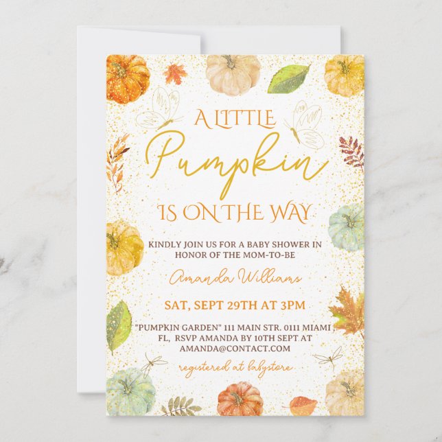 Ein kleines Pumpkin Fall Floral Baby Duschmädchen Einladung (Vorderseite)