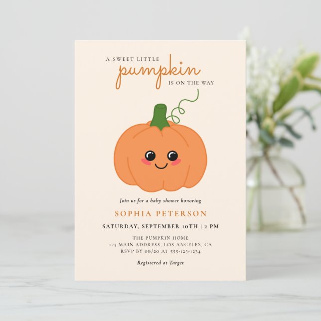 Ein kleines Pumpkin Gender Neutral Fall Baby Dusch Einladung (Stehend Vorderseite)