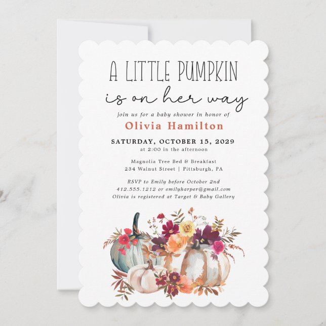 Ein kleines Pumpkin Herbst Floral Baby Dusche I Einladung (Vorderseite)