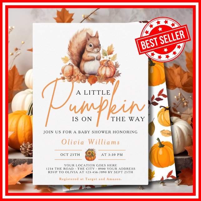 Ein kleines Pumpkin Herbst Herbst SQUIRREL Baby Du Einladung (A Little Pumpkin is on the Way Fall Autumn Squirrel Baby Shower Invitation)