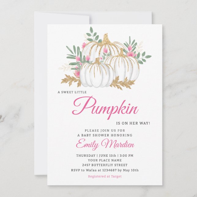 Ein kleines Pumpkin pink Boho Floral Girl Dusche Einladung (Vorderseite)