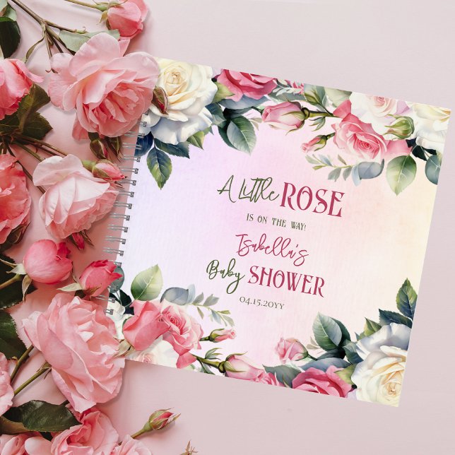 Ein kleines Rose Floral Girl Babyduschenbuch Notizbuch (A Little Rose Is On The Way Pink Rose Bouquets Girl Baby Shower Guest Book Notebook --Damask Back)