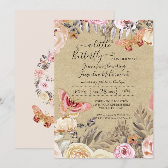 Ein kleines Schmetterling Wasserfarbe Blush Floral Einladung (Vorne/Hinten)