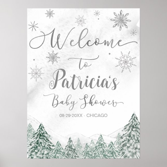 Ein kleines Schneeflocken Graue Babydusche Begrüßu Poster (Vorne)