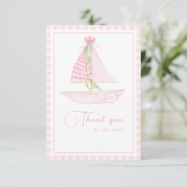 Ein kleines Skipper Pink Kariert Pastel Baby Dusch Dankeskarte (Stehend Vorderseite)