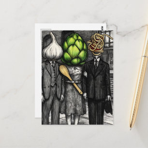 Ein Knoblauch, eine Artischocke und ein Spaghetti- Postkarte