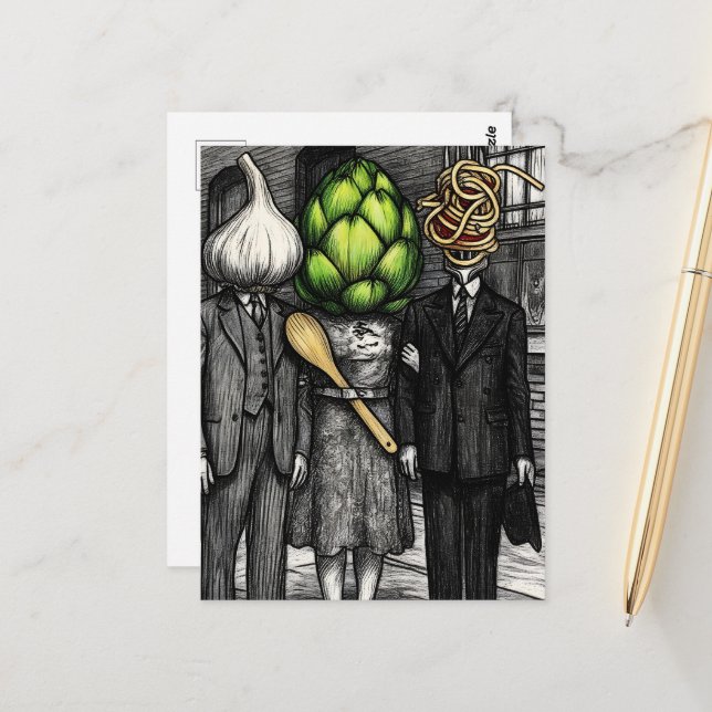 Ein Knoblauch, eine Artischocke und ein Spaghetti- Postkarte (Vorderseite/Rückseite Beispiel)