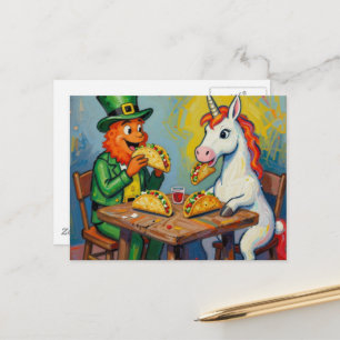 Ein Kobold und ein Einhorn, die Tacos essen Postkarte