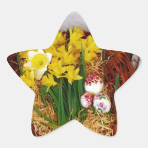 Ein Körbchen mit gelben Eizellen und blumengeschmü Stern-Aufkleber