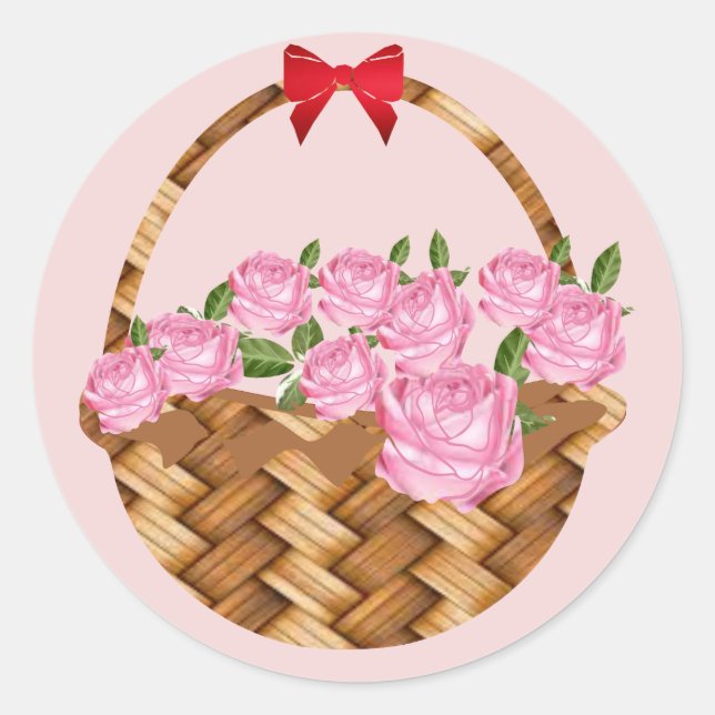 Ein Körbchen mit rosa Rosen Runder Aufkleber (Vorderseite)