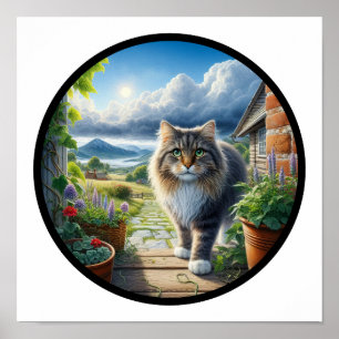 Ein kreisförmiges 3D-Bild einer Hauskatze mit Lang Poster