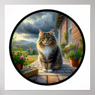 Ein kreisförmiges 3D-Bild einer Hauskatze mit Lang Poster