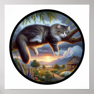 Ein kreisförmiges 3D-Bild einer Hauskatze mit Lang Poster