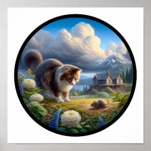 Ein kreisförmiges 3D-Bild einer Hauskatze mit Lang Poster