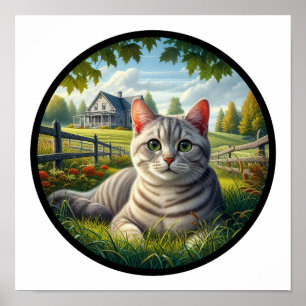Ein kreisförmiges 3D-Bild einer Hauskatze Poster