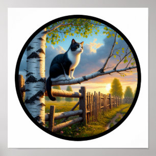 Ein kreisförmiges 3D-Bild einer schönen Tuxedo-Kat Poster