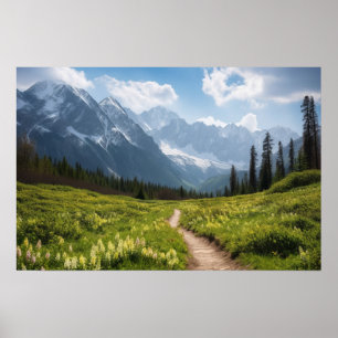 Ein kurvenreicher Weg auf einer grünen Wiese vor e Poster