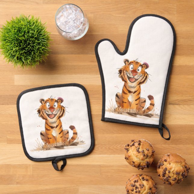 Ein Lächeln Tiger Ofenhandschuh & Topflappen-Set (Oben Unten)