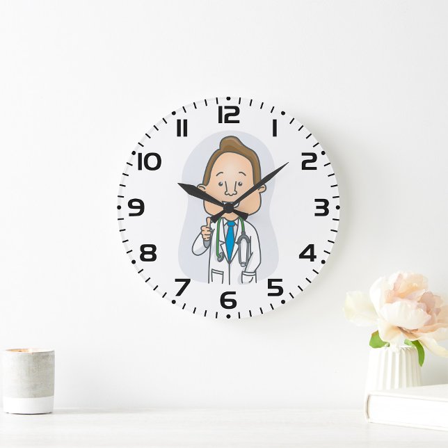 Ein lächelnder Arzt, der mit Stethoskop die Daumen Große Wanduhr (Von Creator hochgeladen)