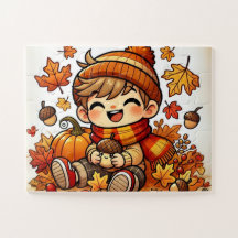 Ein lächelndes Kind, das im Herbst eine Eichel häl