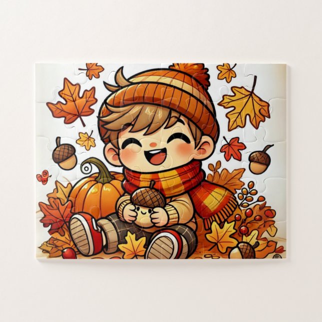 Ein lächelndes Kind, das im Herbst eine Eichel häl (Horizontal)