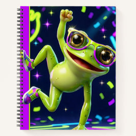 Ein lebendiger grüner Cartoon-Frosch mit einem bre Notizbuch