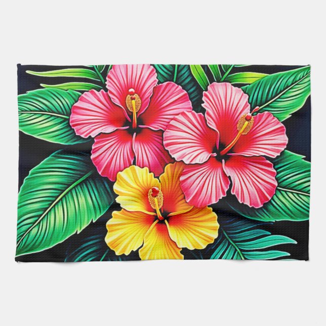 Ein lebendiger tropischer Hibiskus Geschirrtuch (Horizontal)